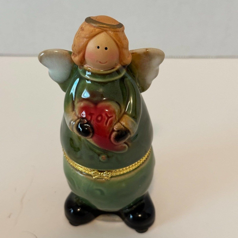 Greenbrier Int Porcelain Christmas Angel w/Heart of Joy, Trinket Box Holiday